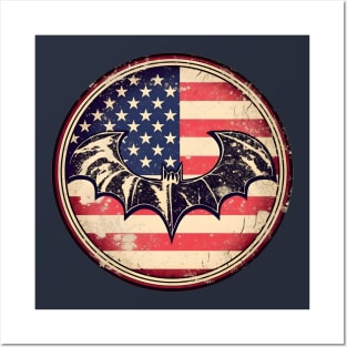 Black bat silouhette on a distressed american flag Posters and Art